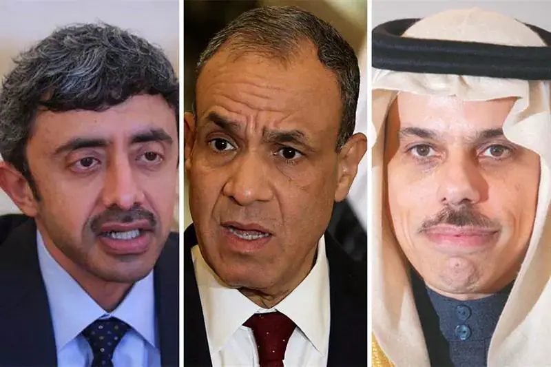 (From L to R ) UAE Foreign Minister Sheikh Abdullah bin Zayed, Egyptian Foreign Minister Badr Abdelatty and Saudi Foreign Minister Prince Faisal bin Farhan