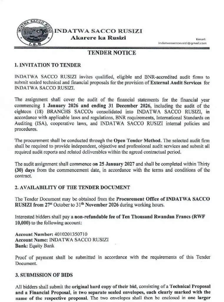INDATWA SACCO RUSIZI: Tender for the Provision of External Audit Services