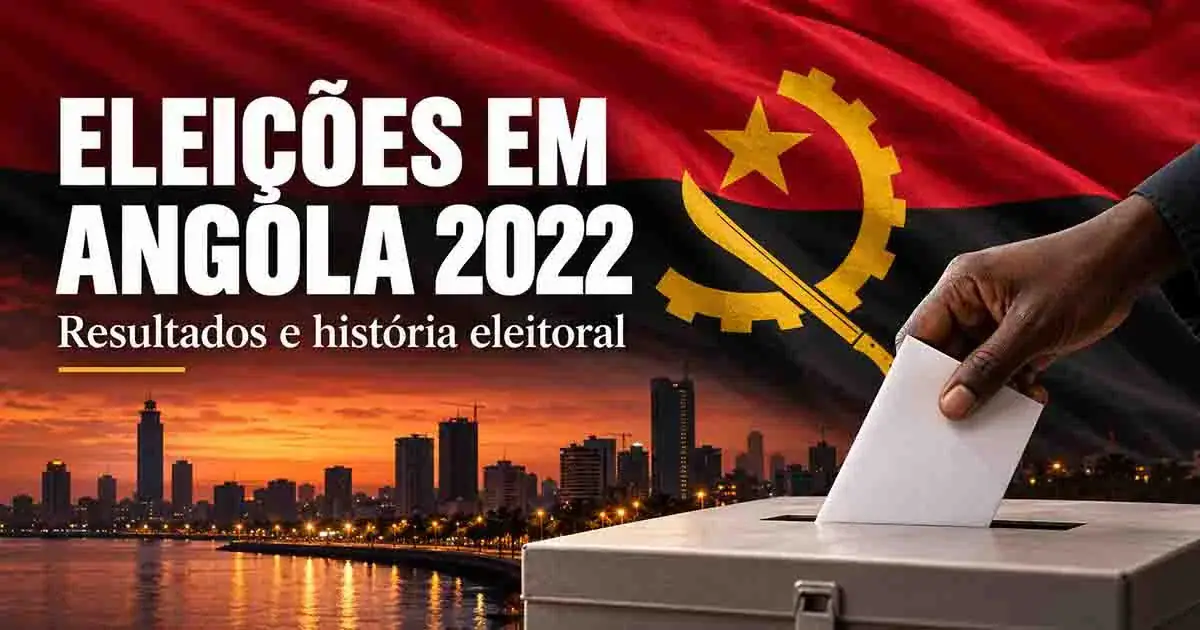 Ilustração de uma mão a colocar um boletim numa urna, com a bandeira de Angola e a cidade de Luanda ao fundo.