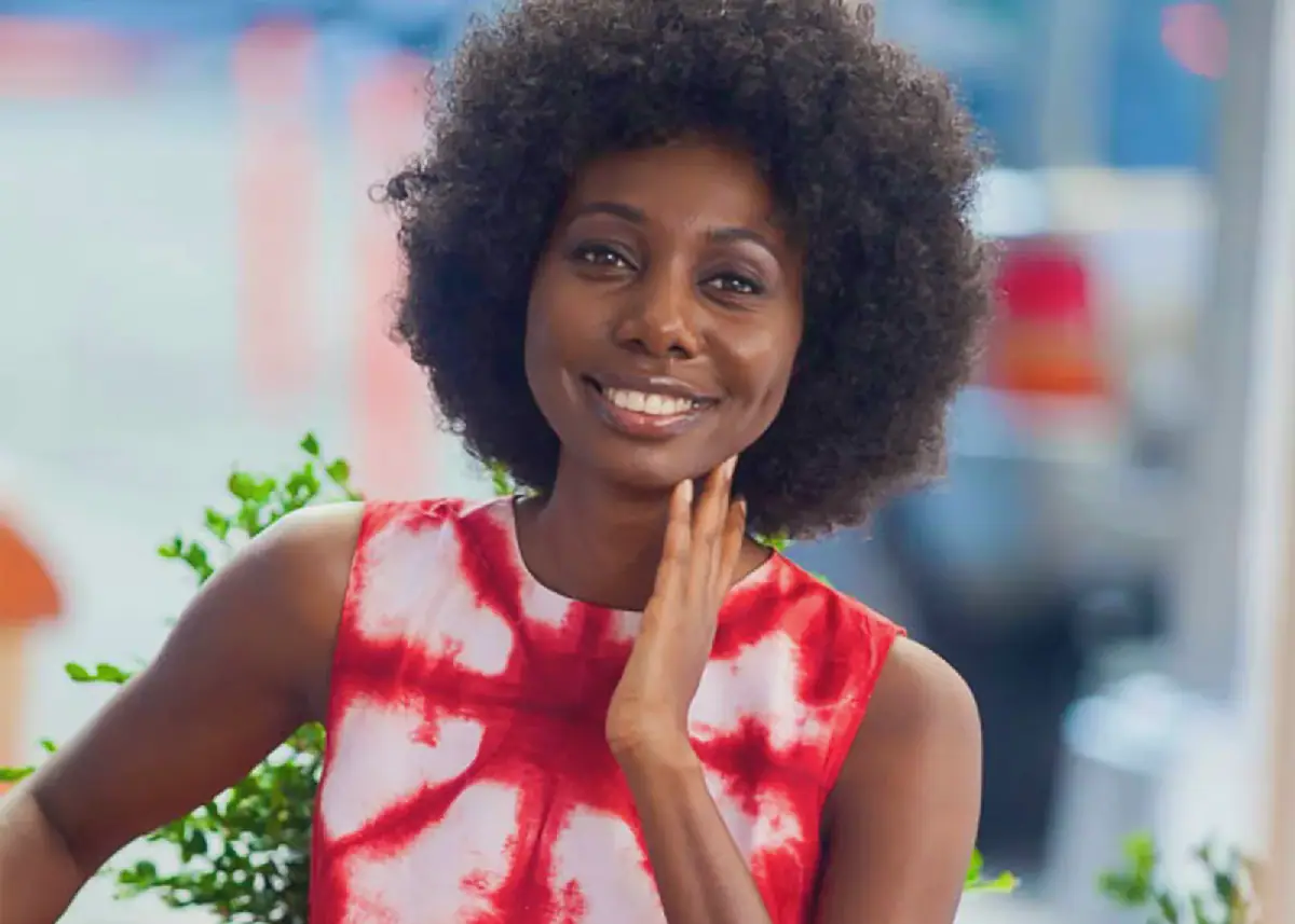 Textile designer Mariama Camara photographed in New York City wearing a piece made with handmade textile produced by artisans in the Kindia region of the Republic of Guinea, for the Spring/Summer 2016 collection of her brand, Mariama Camara, now MAISON CAMARA. Photo courtesy: Kat Villarcorta.