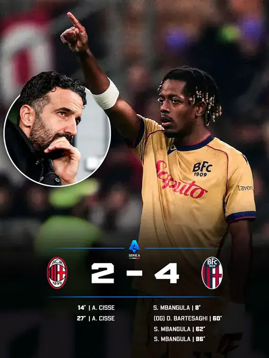 Bologna overturns Milan with 4-2 win as Mbangula scores hat‑trick