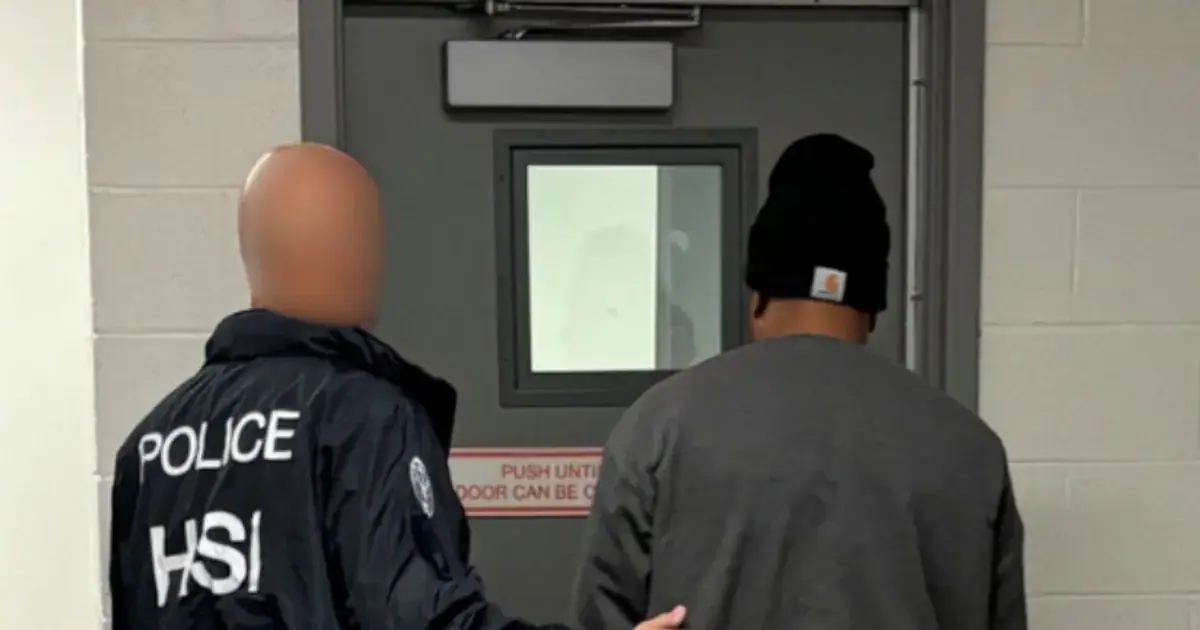 Homeland Security Investigations (HSI) agent arresting a suspect on charges of alleged false statements related to voter registration and visa fraud