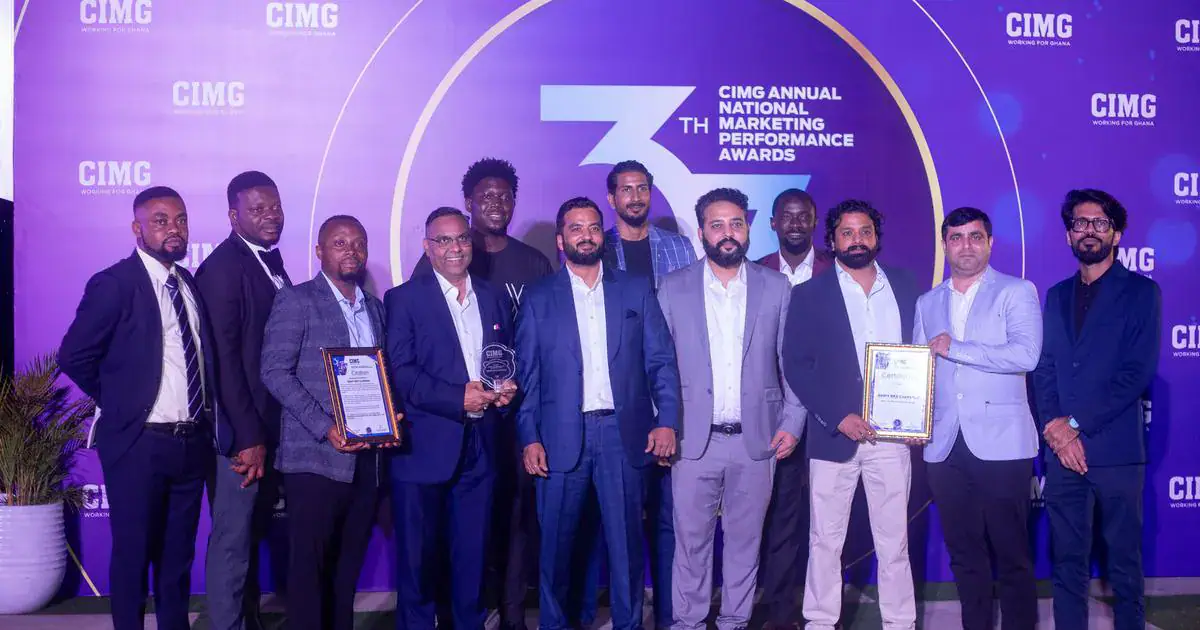 Representatives celebrate Ginny Rice’s Above-the-Line Campaign of the Year 2025 award at the 37th CIMG Annual National Marketing Performance Awards in Accra.
