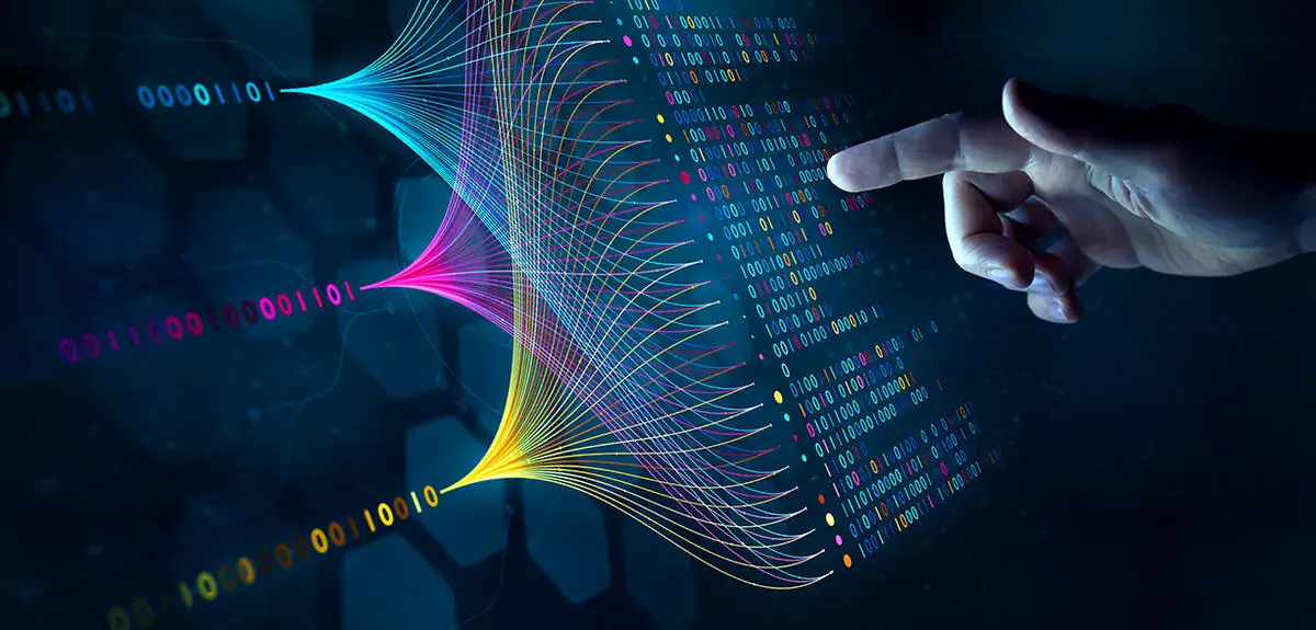 Big data technology and data science. Data scientist querying, analysing and visualizing complex data set on virtual screen. Data flow concept. Neural network, artificial intelligence, ML, analytics.