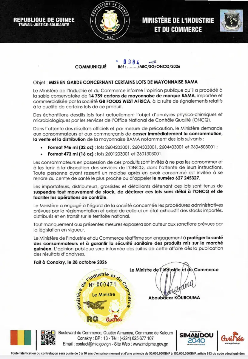 Guinea Warns Against Consumption of Certain Bama Mayonnaise Lots