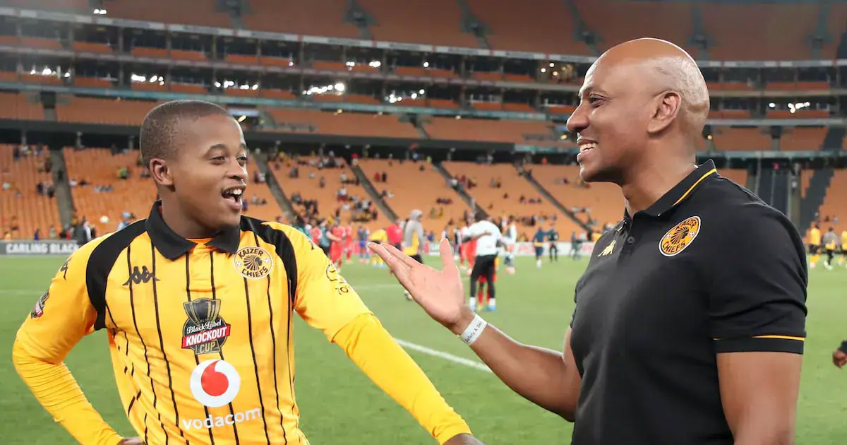 Kaizer Chiefs' player of the match Wandile Duba with club sporting director Kaizer Motaung Junior after their Carling Knockout Cup last 16 win against TS Galaxy at FNB Stadium on Tuesday night. Picture: Muzi Ntombela/BackpagePix