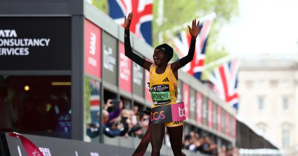 Kenya's Peres Jepchirchir crosses the finish line to win the women's elite race of the London Marathon last week.