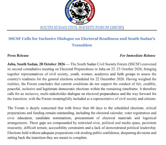 Civil society forum says South Sudan not ready for elections