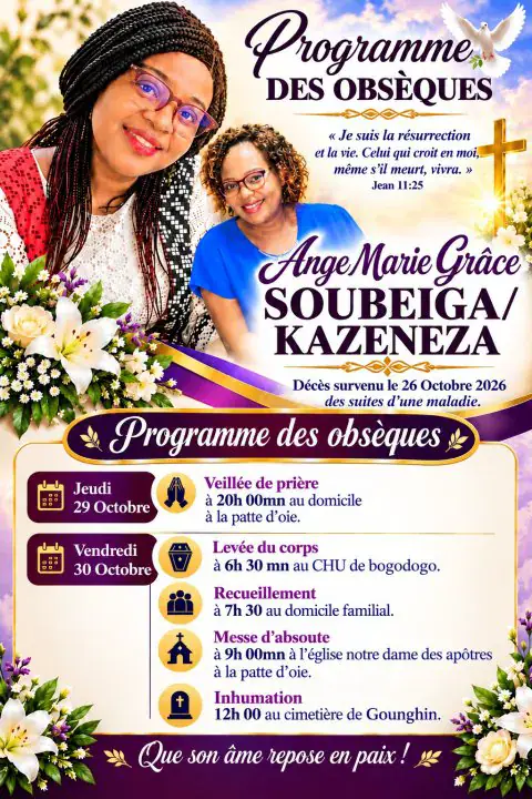 Décès de Ange Marie Grâce SOUBEIGA/KAZENEZA : Programme des obsèques