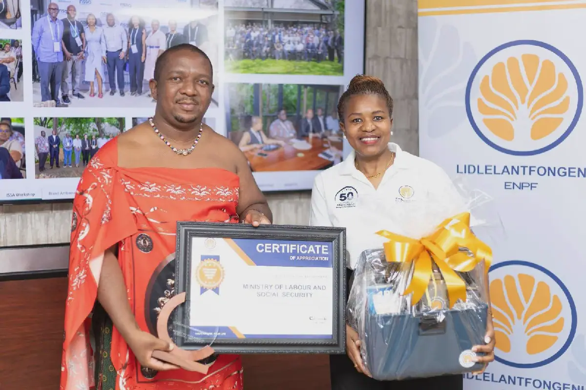Minister of Labour and Social Security Phila Buthelezi received goodies from ENPF CEO Futhi Tembe on Thursday.