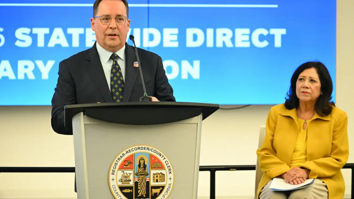 Los Angeles County Registrar-Recorder Dean Logan speaks at a press conference on June 2, 2026. His office confirmed to NPR on Thursday that it received grand jury subpoenas directed at employees last week.