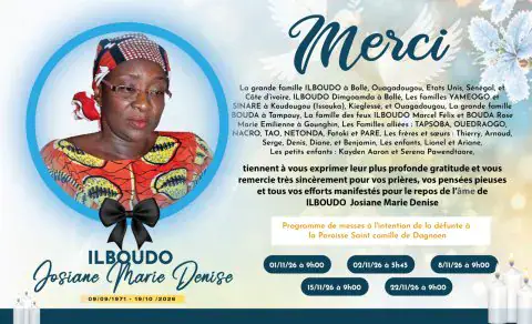 Décès de ILBOUDO Josiane Marie Denise : Remerciements et faire part