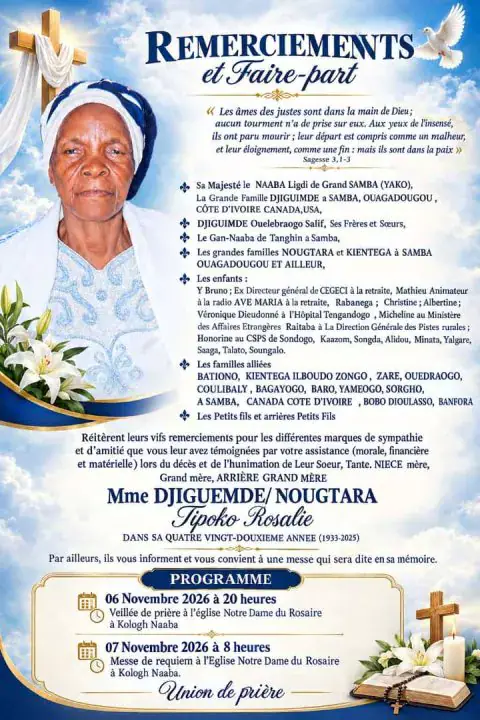 Décès de Mme DJIGUEMDE/NOUGTARA Tipoko Rosalie : Remerciements et faire-part
