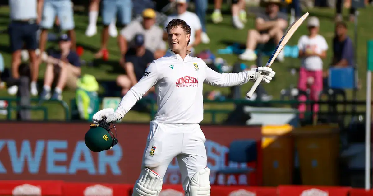 Ryan Rickelton celebrates after scoring his third Test hundred on day four of the third Test against Australia at Newlands. Picture: BackpagePix