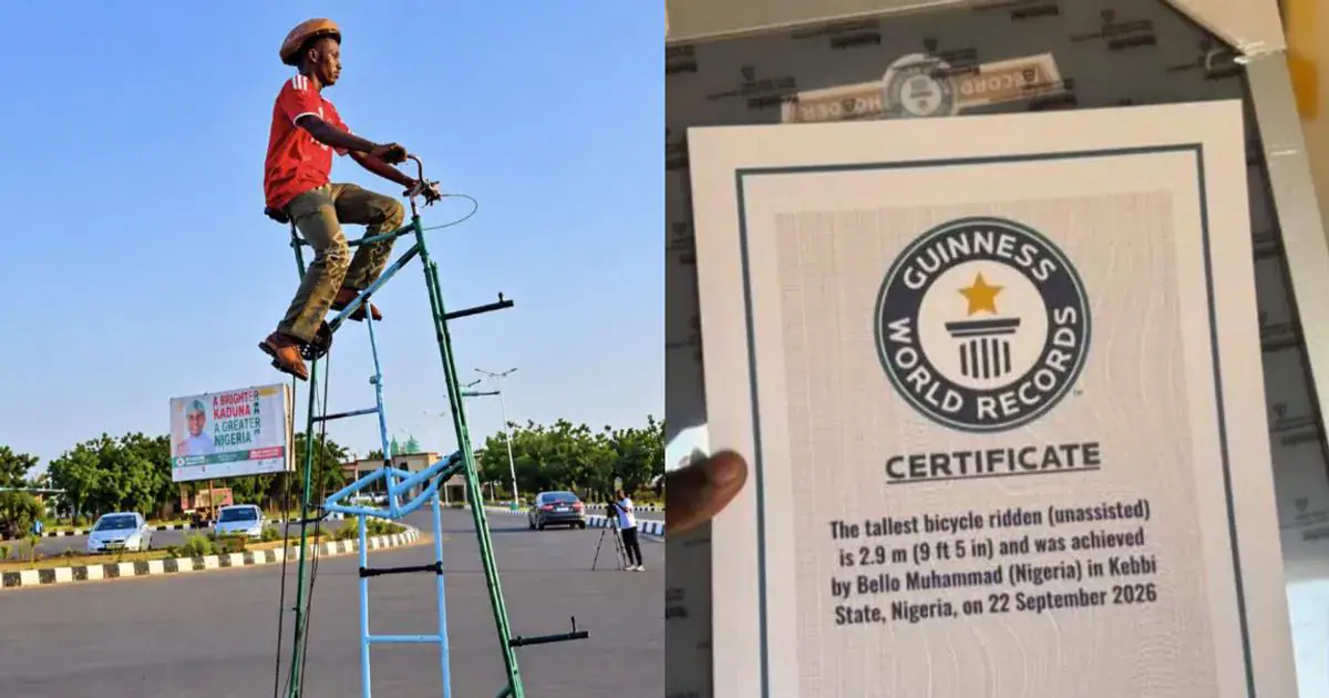Nigerian Cyclist Bello Muhammad claims world record with self-built 9ft 5in bicycle