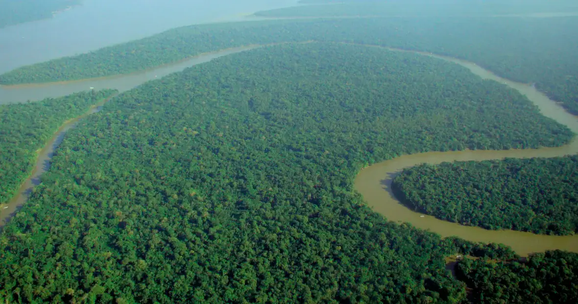 A winding brown river surrounded by dense green Amazon rainforest, seen from above.