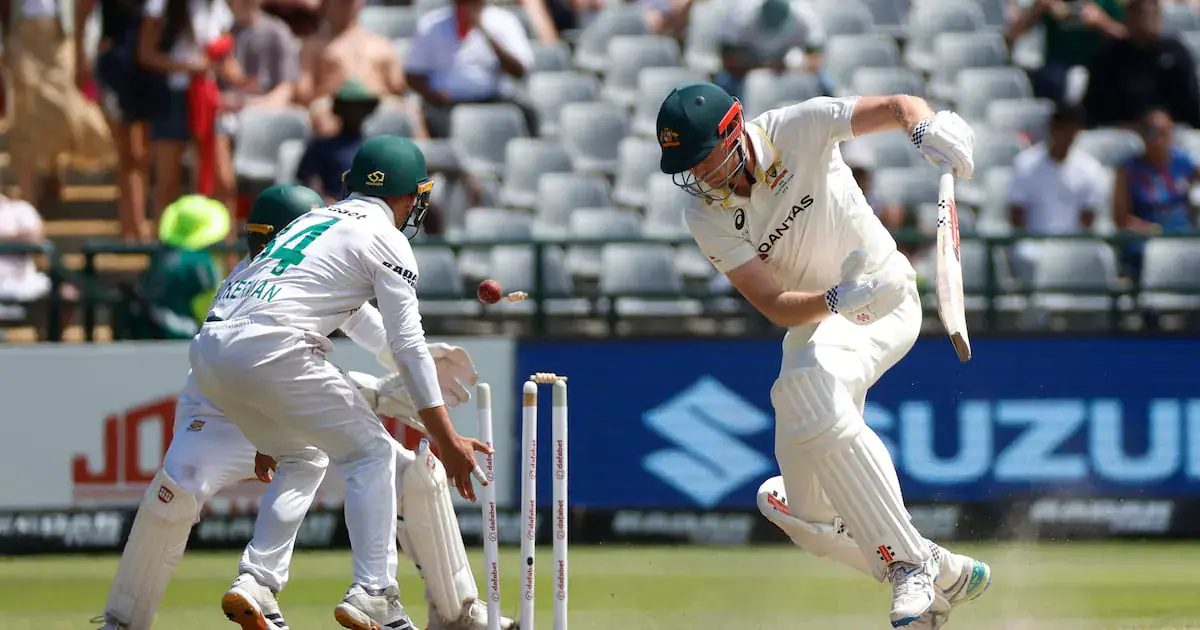 Cameron Green is bowled by Simon Harmer at Newlands on Saturday.