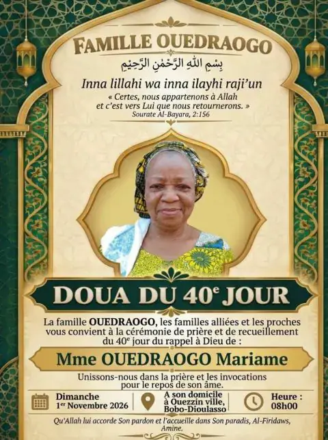Doua du 40e jour de madame OUEDRAOGO Mariame.