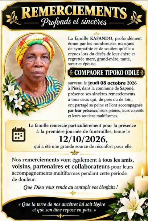 Décès de COMPAORE TIPOKO ODILE : Remerciements