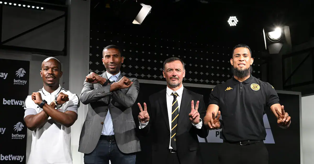 Nkosinathi Sibisi and Abdeslam Ouaddou of Orlando Pirates and Fernando Da Cruz and Brandon Petersen of Kaizer Chiefs before the Soweto derby at FNB Stadium on Saturday. Picture: Sydney Mahlangu/BackpagePix