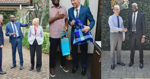 A collage image showing Edwin Sifuna meeting US Chargé d’Affaires Susan Burns(L), France’s Arnaud Suquet (C) and British High Commissioner Matt Baugh (R).