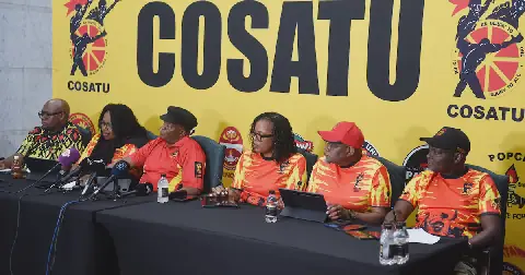 Cosatu president Zingiswa Losi, first deputy president Mike Shingange, second deputy president Duncan Luvuno, general secretary Solly Phetoe, deputy SG Gerald Twala and national treasurer Freda Oosthysen brief the media at Gallagher Conference Centre in Midrand, Gauteng, on September 15 2026. Picture: