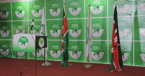 File image of a podium by the IEBC in readiness for a presser at Bomas of Kenya