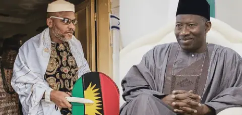 Image of Nnamdi Kanu and Former President Goodluck Jonathan Source: Leadership Newspaper