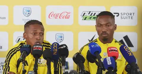 Luther Singh (left) with Cassius Mailula during a Bafana Bafana press conference at UJ Stadium in Johannesburg on Monday ahead of their 2027 Africa Cup of Nations qualifiers against Guinea and Eritrea.