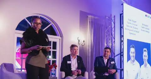 From left: Emcee Refiloe Mpakanyane with Capitec’s Karl Kumbier and Riaan Klopper at the Capitec BizTalk event in Gqeberha on September 3 2026.