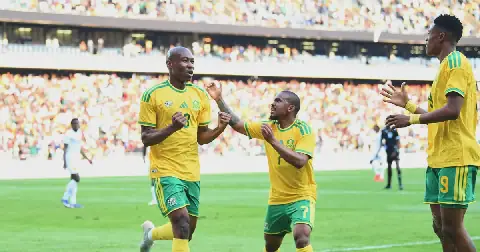 Samukelo Kabini of South Africa celebrates goal with team mates during 2027 Africa Cup of Nations Qualifiers match against Guinea at Orlando Amstel Arena in Soweto on 26 September 2026.