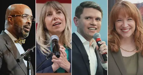Some Democratic candidates have made faith central to their congressional campaigns, including (from left) Frederick Haynes, Sarah Trone Garriott, James Talarico and Lindsay James.