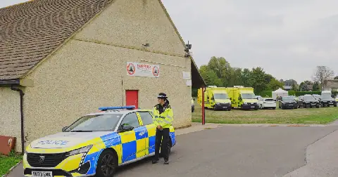 Emergency services at the scene of an incident close to RAF Fairford,, in Whelford, England, Sunday, Sept. 27, 2026.