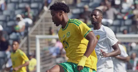 Ime Daniel Okon with Guinea's Serhou Guirassy during their CAF African Cup of Nations 2027 qualifiers match at the Orlando stadium in Soweto, on September 26 2026. Picture: Antonio Muchave