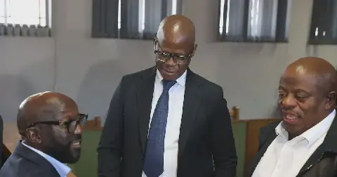 Madoda Johannes Sibanyoni , Mvimbi Daniel Masilela, Philemon Msiza and Bafana Sindane have been granted R70,000 bail by the Delmas magistrates court on the extortion and money laundering case against them. Picture: Thulani Mbele