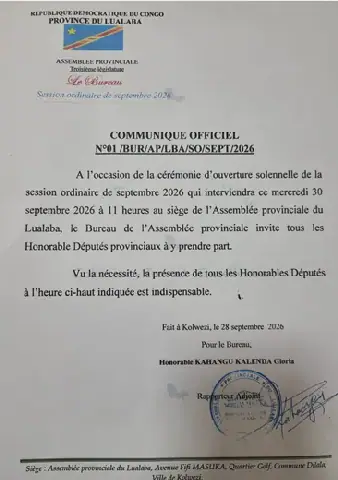 Lualaba Provincial Assembly to Open September Session