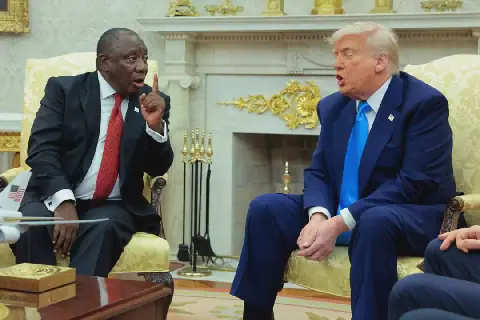 Pres. Cyril Ramaphosa en pres. Donald Trump met hul vergadering in die Withuis in Mei 2025.