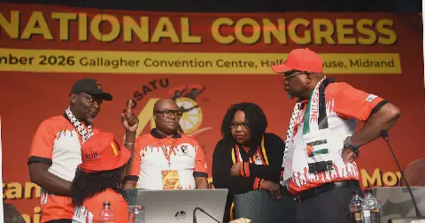 Cosatu president Zingiswa Losi with first president Mike Shingange, secretary-general Solly Phetoe, second deputy secretary-general Gerald Twala and national treasurer Freda Oosthysen during the national congress for the election of the official bearers held at the Gallagher Convention Centre in Midrand. Picture: Business Day/Freddy Mavunda