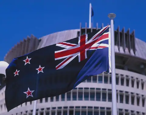 Nieu-Seeland se vlag wapper voor die land se parlementsgebou in Wellington.