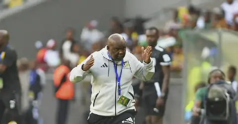 Bafana Bafana coach Pitso Mosimane during their 2027 Africa Cup of Nations qualifying win against Guinea at Orlando Stadium on Saturday.
