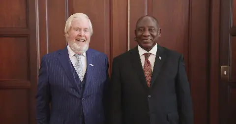 US ambassador to South Africa Leo Brent Bozell III (left), who has been summoned by Pretoria for the third time over alleged undiplomatic conduct, with President Cyril Ramaphosa on April 8. File picture: Reuters/Jairus Mmutle.