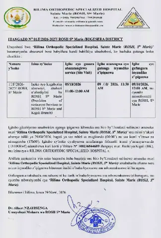 Rilima Orthopedic Specialized Hospital Seeks Restaurant Services Provider