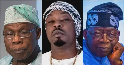 Former President Olusegun Obasanjo, Nigerian singer Eedris Abdulkareem and President Bola Ahmed Tinubu
