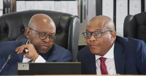Retired justice Mbuyiseli Madlanga and co-commissioner Sandile Khumalo during the Madlanga inquiry in Pretoria. Picture: Business Day/Freddy Mavunda