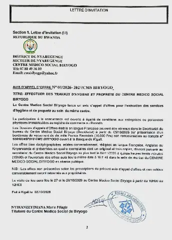 Centre Medico Social Biryogo Issues Call for Hygiene and Cleaning Services Bids