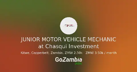 Chasqui Investment Seeks Junior Motor Vehicle Mechanic in Kitwe, Zambia