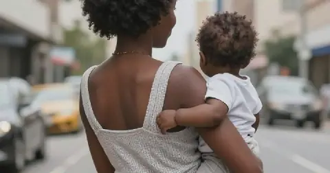 An AI- generated image showing a woman carrying a baby for illustration purposes