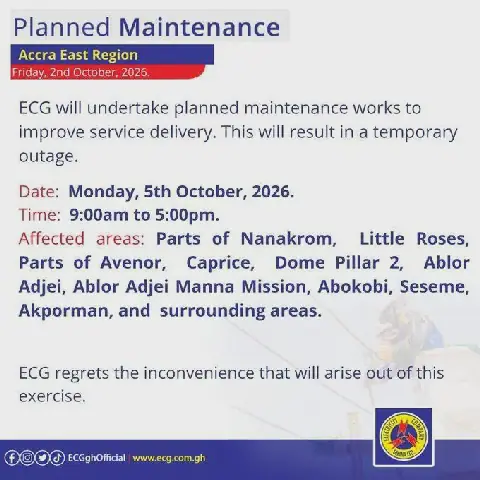 ECG Schedules Four-Day Power Cuts in Accra East and Tema