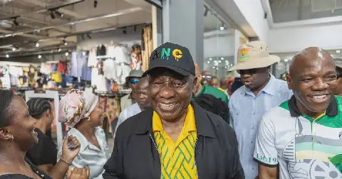 ANC president Cyril Ramaphosa conducts a walkabout at Mega City Mall in Umlazi, south of Durban, KwaZulu-Natal, on Saturday engaging with residents as part of the ANC’s local government election campaign in eThekwini. Photo: Sandile Ndlovu