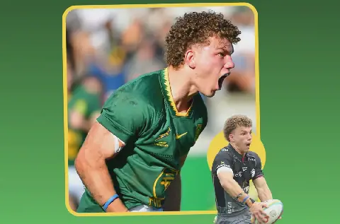 Luan Giliomee vier vroeër vanjaar ’n drie vir die Junior Bokke. Op die inlas regs is hy verlede naweek vir die Haaie in aksie. Foto’s: Gallo Images